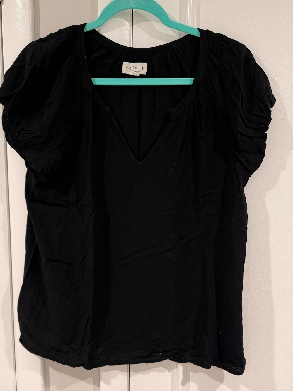 Velvet by Graham & Spencer Black Puff Sleeve V-Neck Blouse